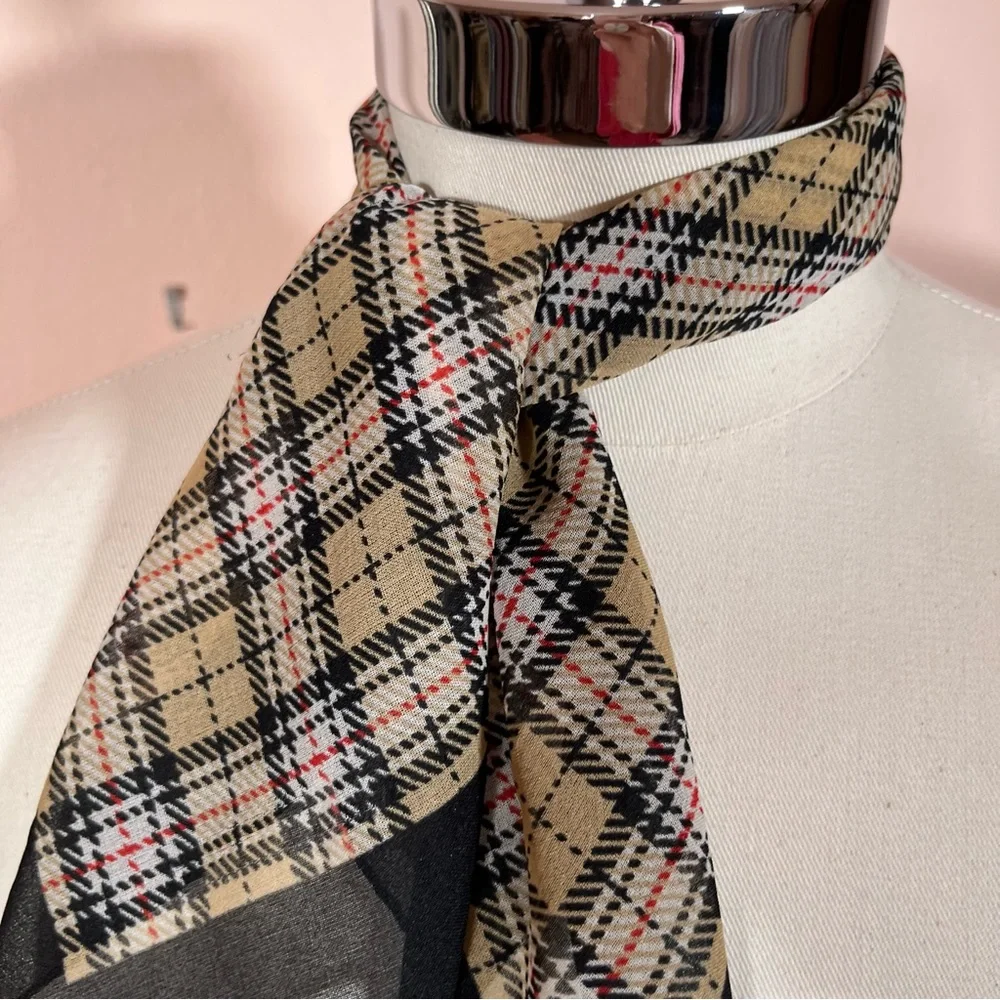 Vintage 80 90 Retro Camel Tan Black Academia Plaid classic Preppy Neck Scarf - Picture 3 of 13